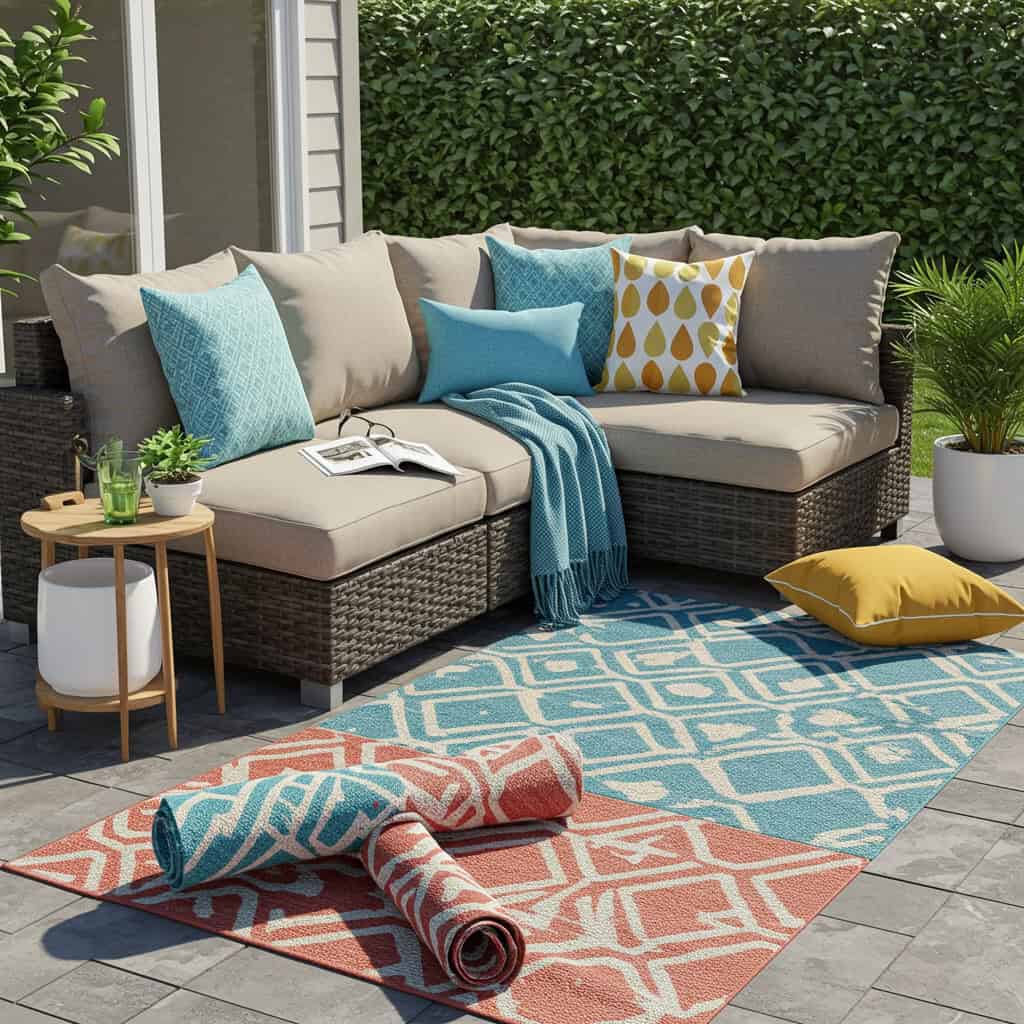 3. 屋外用ラグやクッションで温かみをプラス