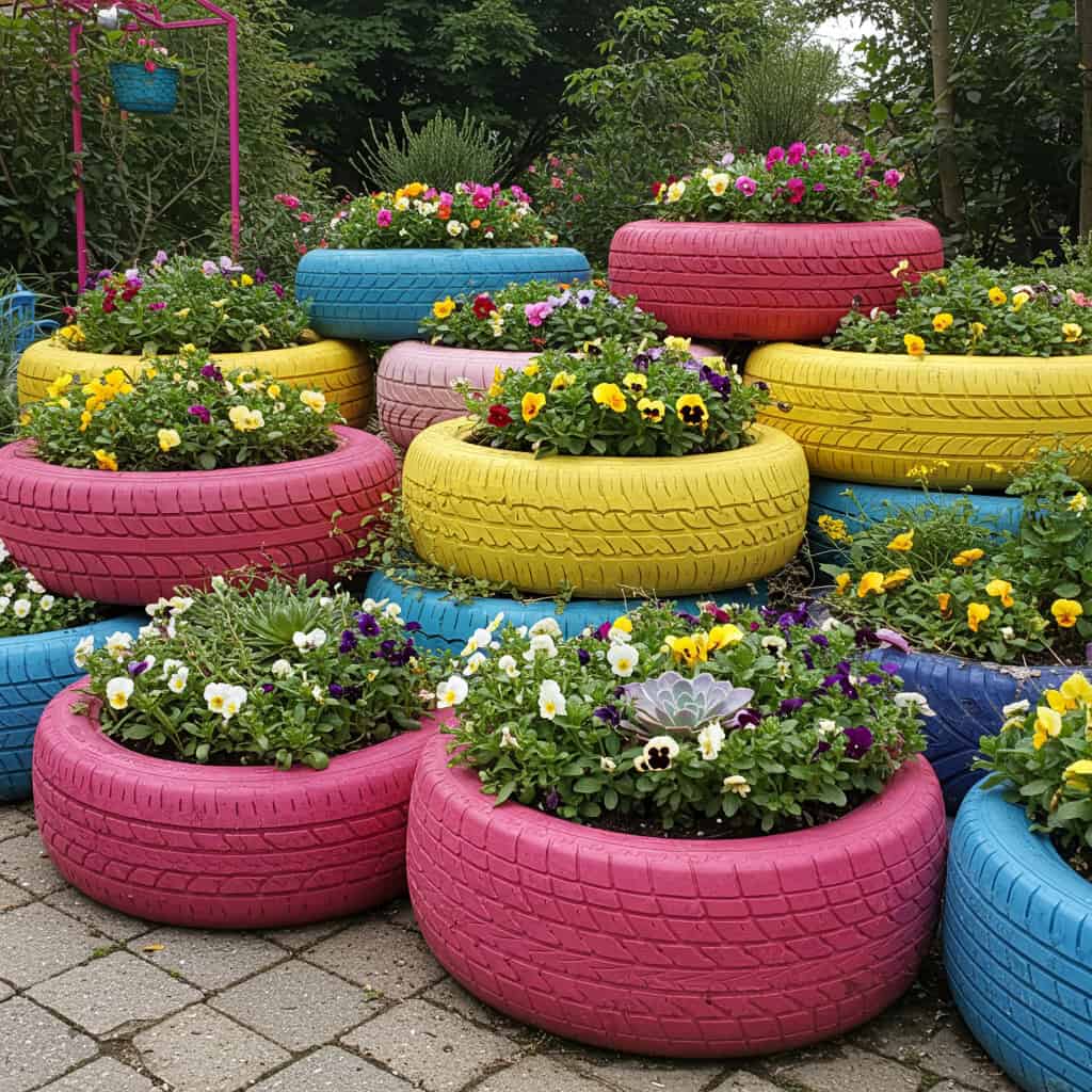 2. タイヤプランターで個性派花壇